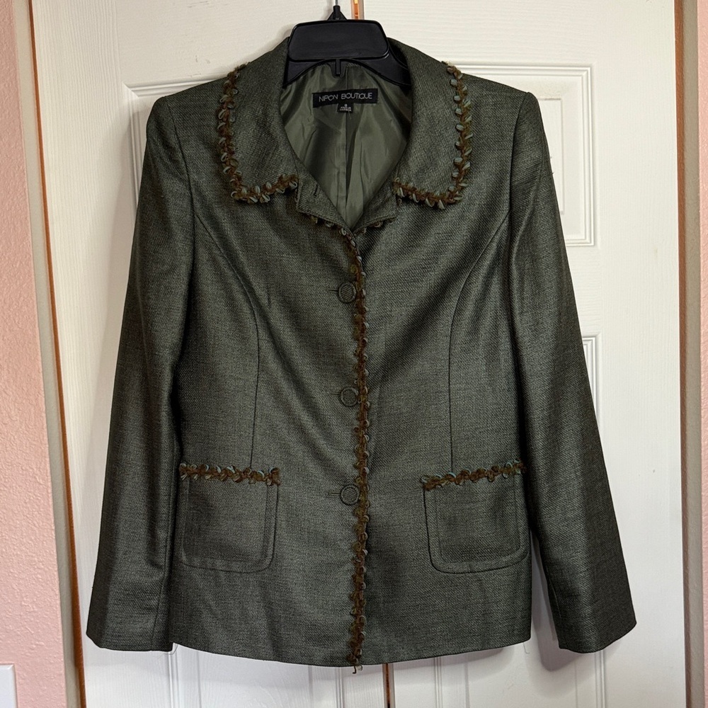 Nipon Boutique Vintage Olive Green Blazer with Brown Accents Size 8